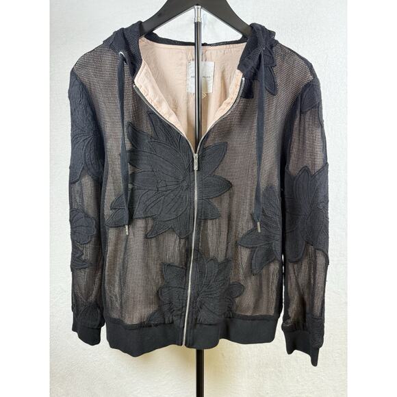 Anthropologie Sweaters - Anthropologie AVEC LES FILLES Mesh Hoodie Sz M Black Blush Floral Embroidery Zip